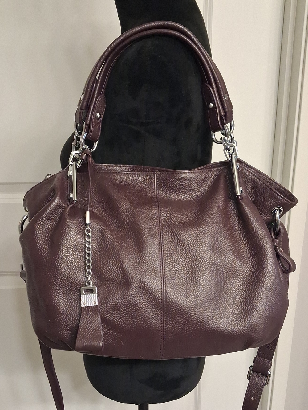 Heshe Eggplant/Purple Leather Convertible Shoulder Tote Bag